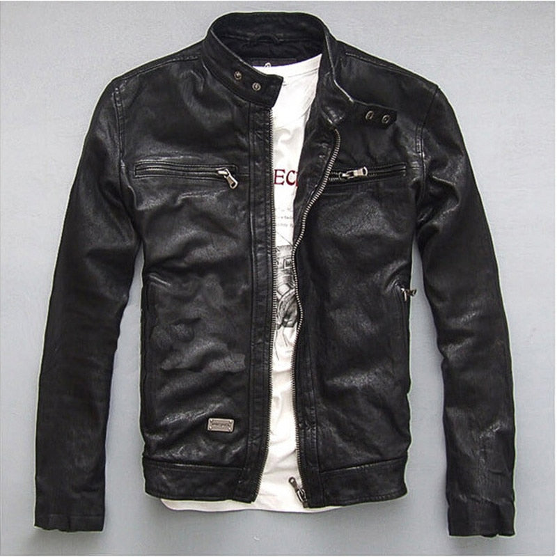 Factory Men Leather Jacket Genuine (Real Sheep Goat skin Brand Black)