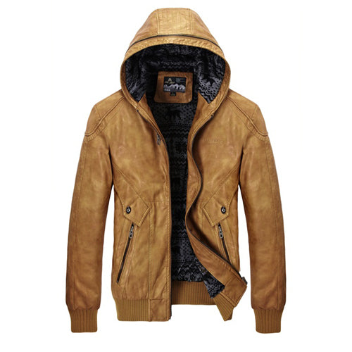 Winter Leather Jacket Men Coats Hood 2019
