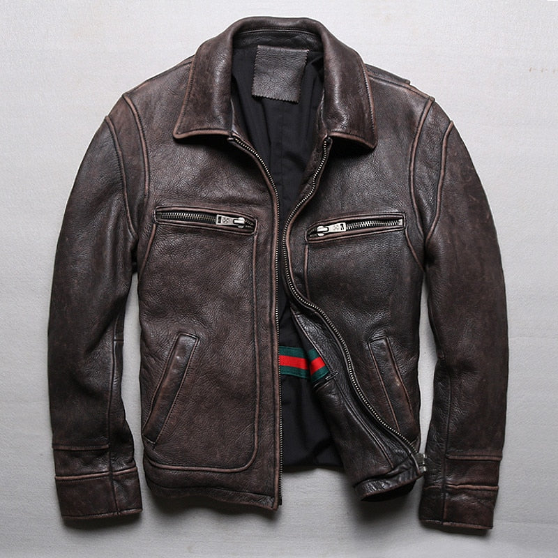 Men Retro Vintage Brown Genuine Leather Jacket