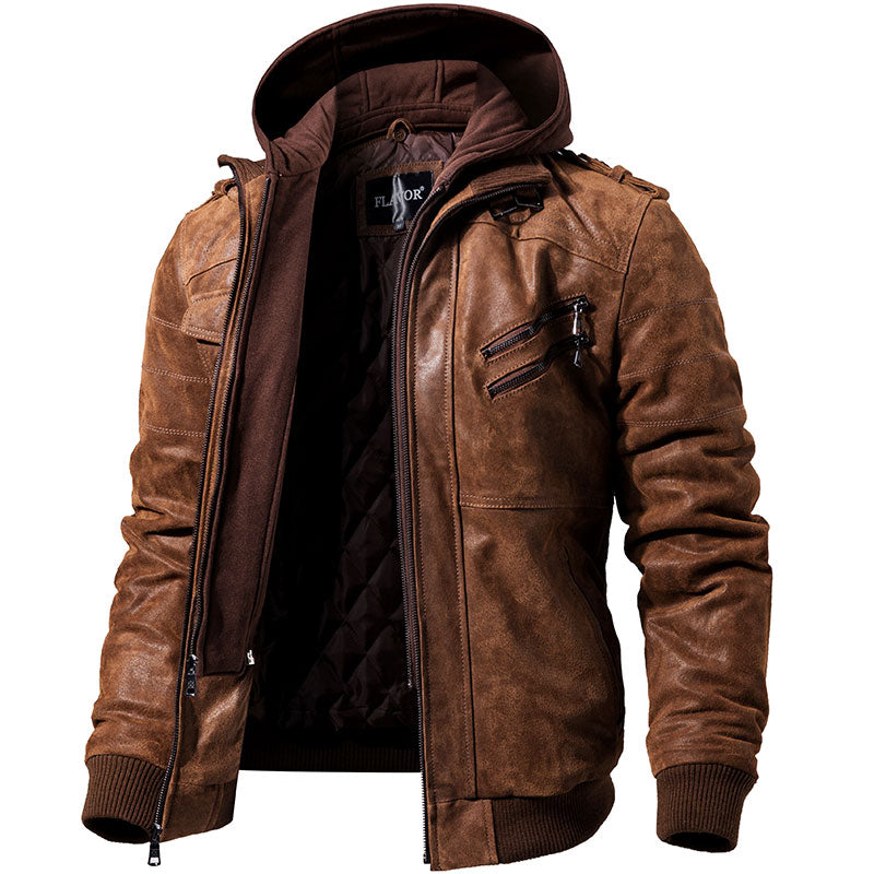 Men's Real Leather Motorcycle jacket-Removable Hood winter coat