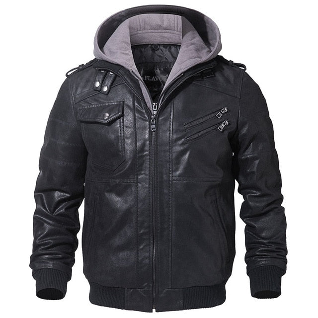 Men's Real Leather Motorcycle jacket-Removable Hood winter coat
