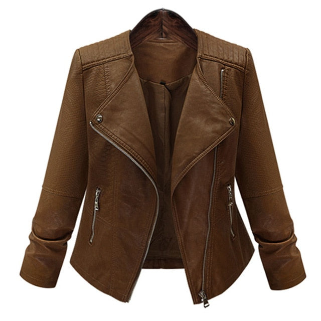 Plus Size Coffee Pu Leather Jacket Coat Short Motorcycle Jacket Zipper